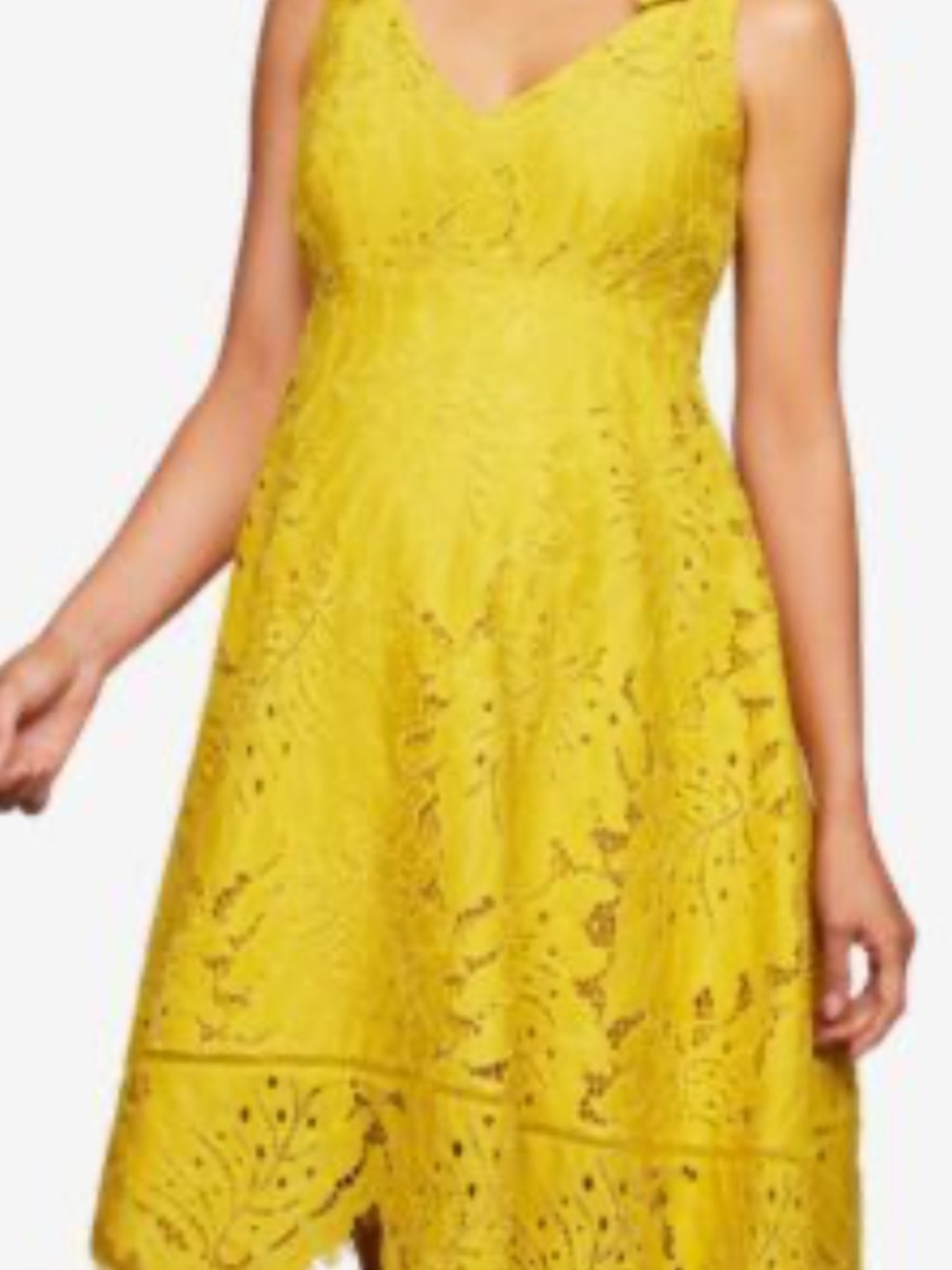 A Pea in the Pod Mustard Yellow Lace V-Neck Tie-Shoulder Midi Dress
